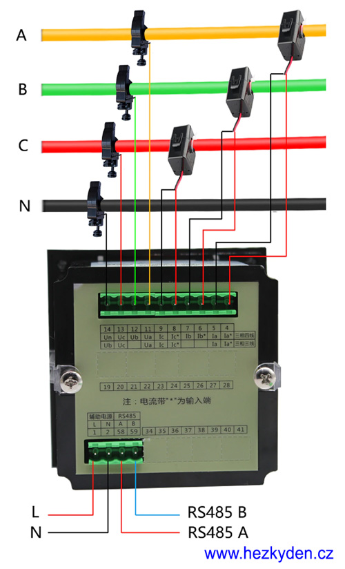 Třífázový panelový multifunkční elektroměr - připojovací schéma