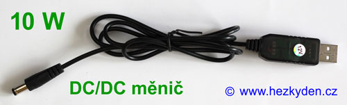 USB DC-DC měnič v kabelu - 9 nebo 12 V, 10 W