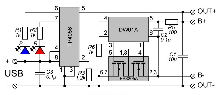 USB micro nabíjecí modul LiIon s ochranou - schéma