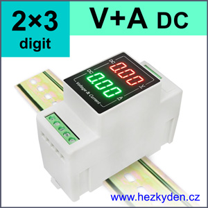 Digitální voltmetr ampérmetr DC 2×3 místa LED na DIN lištu