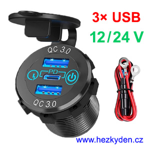 Vestavná nabíječka 3xUSB s vypínačem ALU