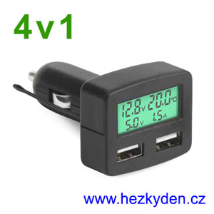 Voltmetr ampérmetr teploměr USB do auta LCD zelený