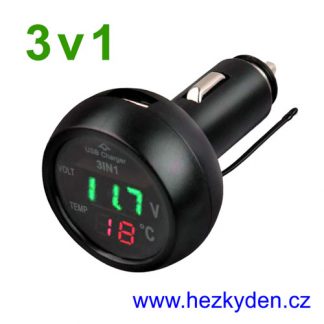 Voltmetr teploměr USB do auta zelený