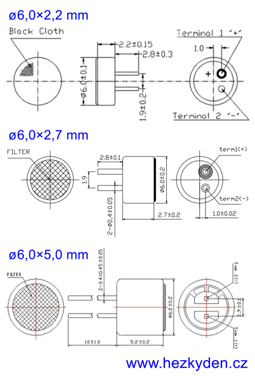 Elektretové mikrofony 6mm - rozměry