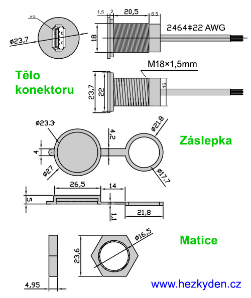 USB konektor zásuvka do panelu - rozměry USB konektor zásuvka do panelu - rozměry