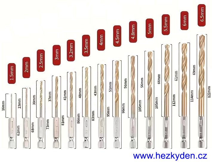 Sada vrtáků HEX - rozměry
